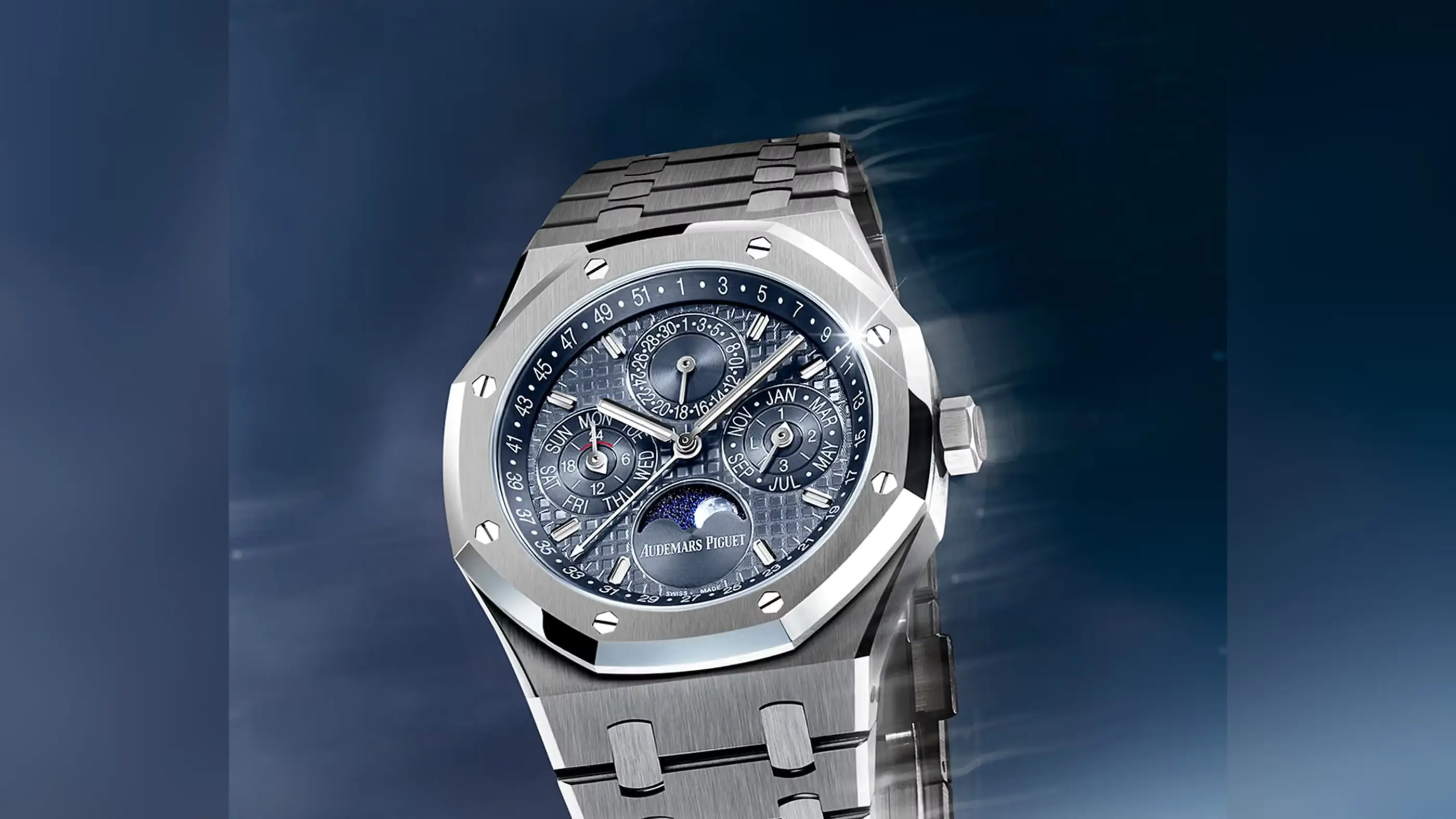 An Audemars Piguet Royal Oak Perpetual Calendar with a blue dial