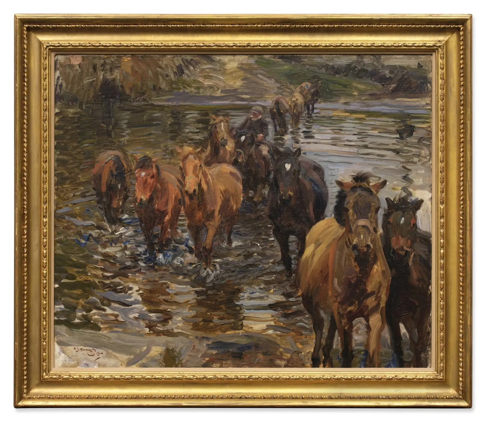 A gilt-framed oil painting of horses crossing a river