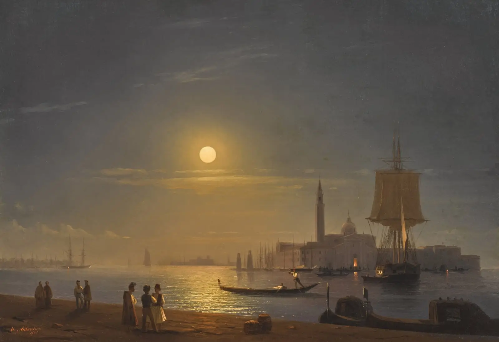 A framed nineteenth-century oil painting of a moonlit harbour scene