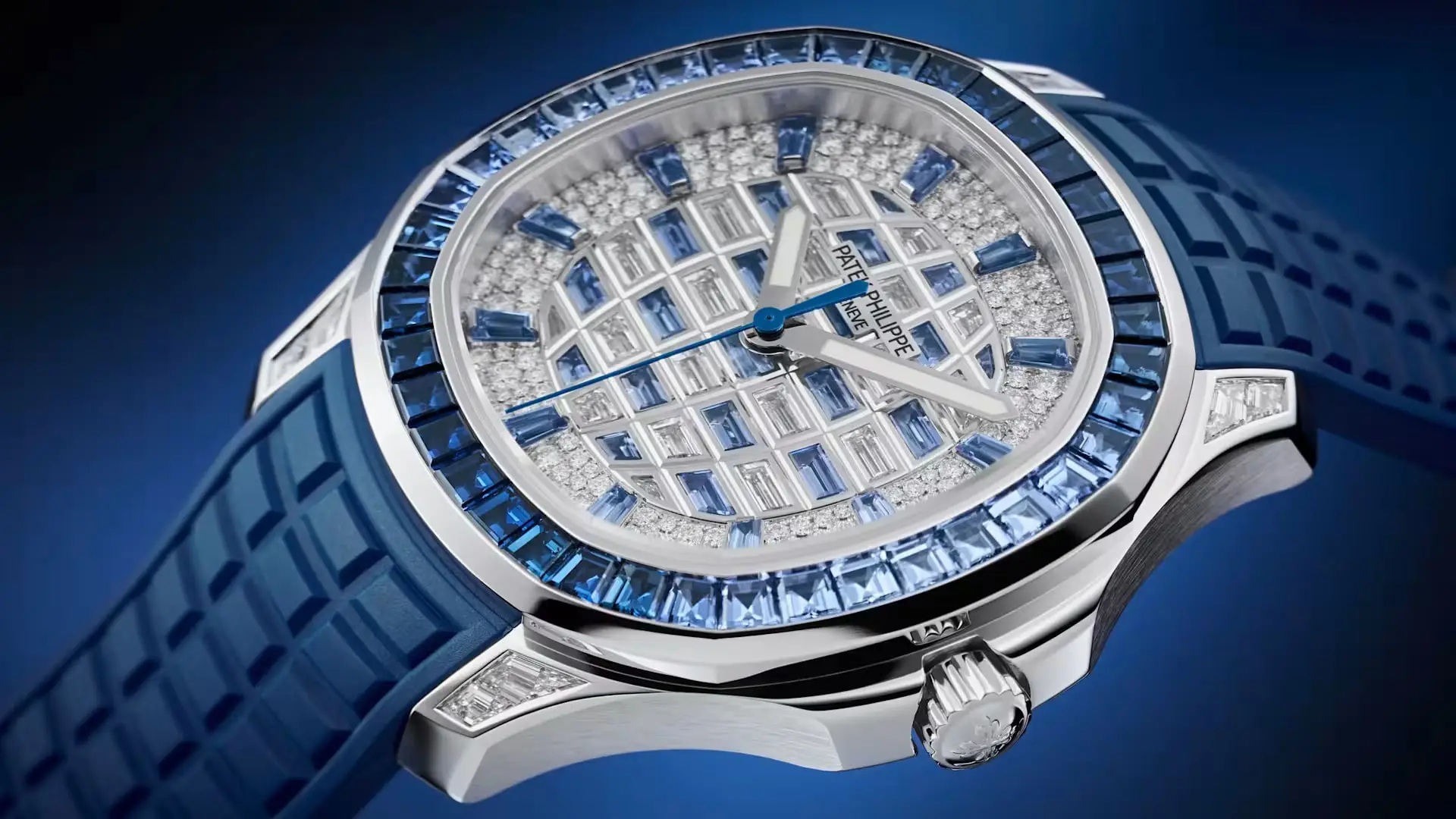 A white-gold Patek Philippe Aquanaut with a sapphire-set bezel and gem-set dial